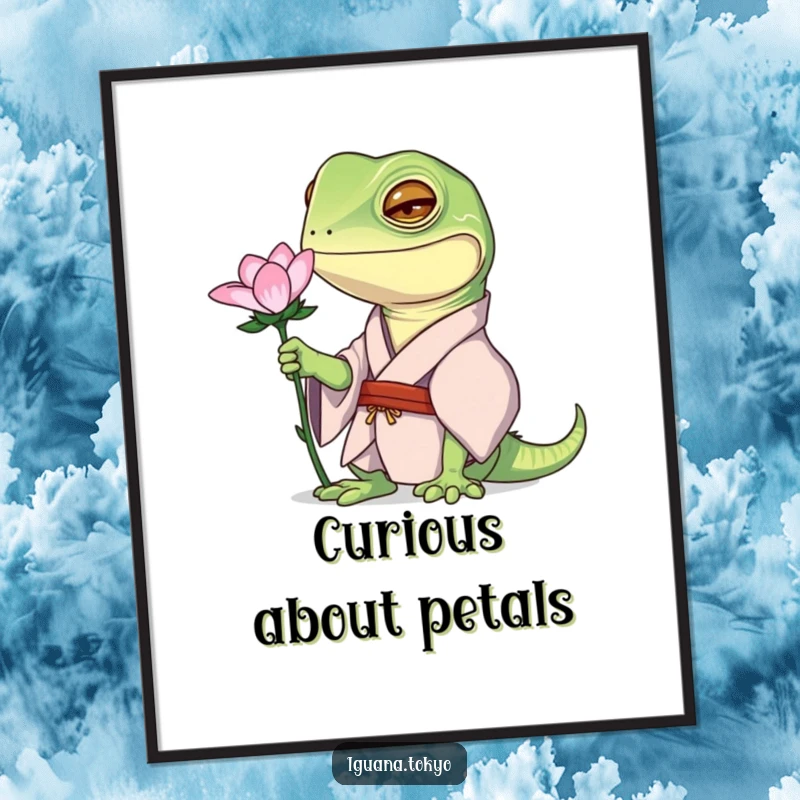 Funny digital art print of an iguana character in a kimono, curiously examining a flower, ready to inspire calm.