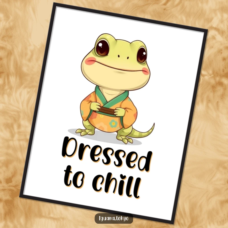 Funny digital art print of a smiling iguana character wearing a colorful kimono, ready to add charm to any room.