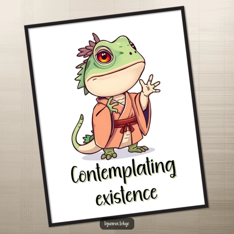 Funny digital art print of an iguana character in a kimono striking a curious pose, ready to inspire thought.