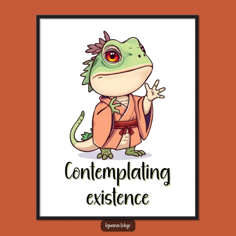 Funny Curious Iguana Kimono Digital Art: Pensive Print, Quirky Funny Gift