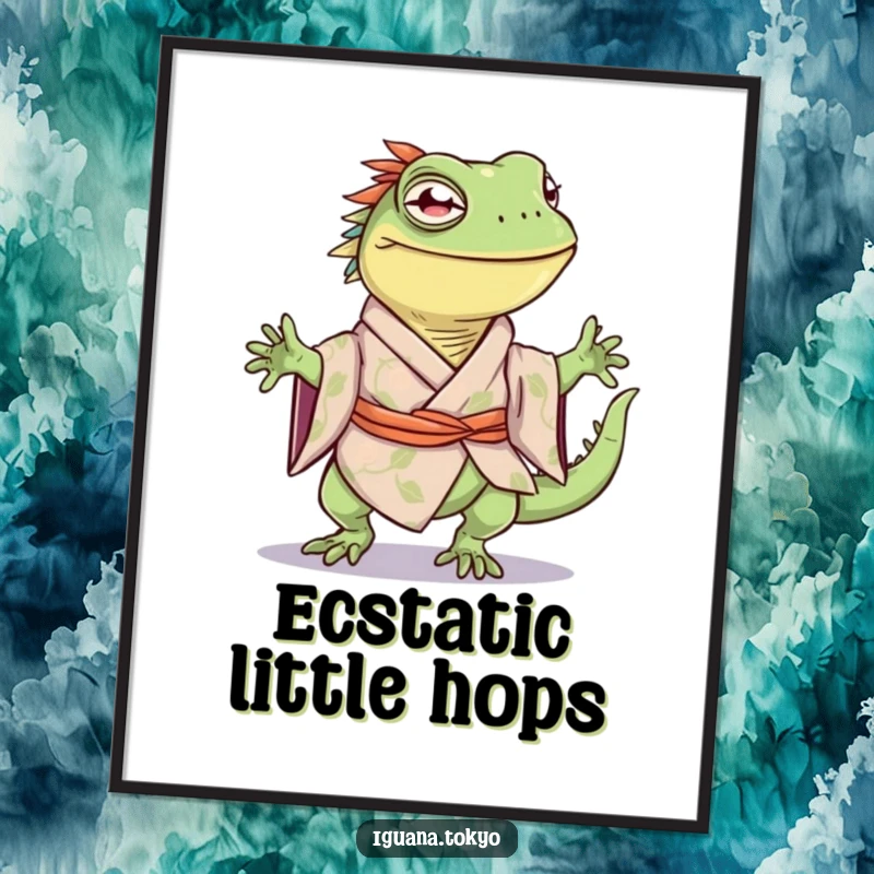 Funny digital art print of an iguana character in a kimono, joyfully doing a happy little hop, ready to spread cheer.
