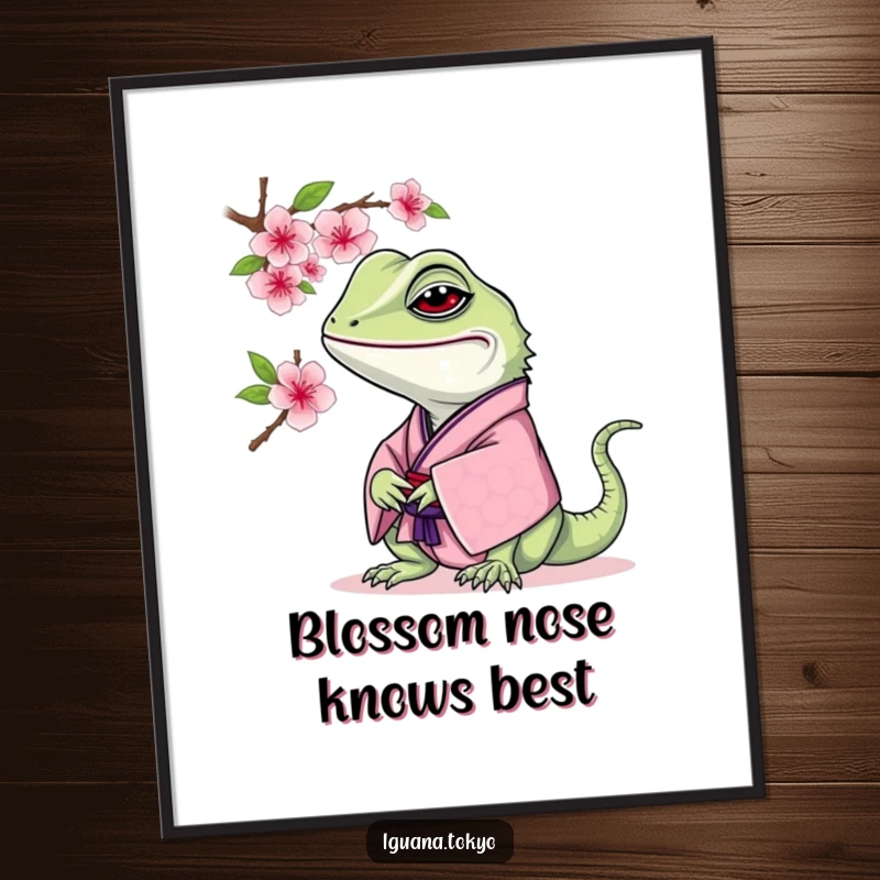 Funny Iguana Digital Art: High-resolution artwork of an iguana in a traditional kimono curiously sniffing a cherry blossom, ready for download.
