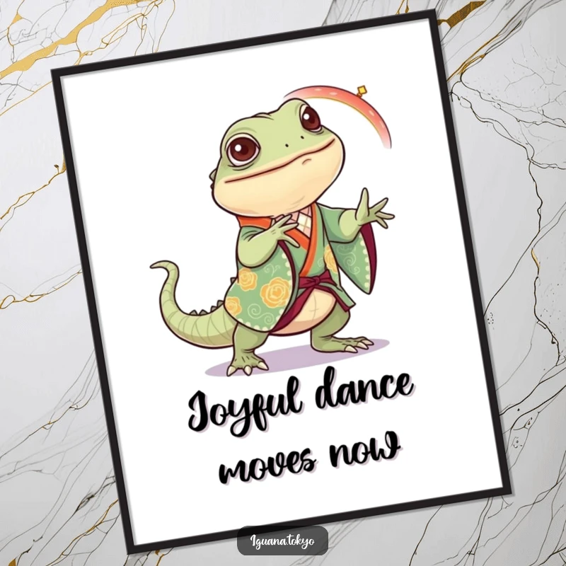 Funny Iguana Digital Art: High-resolution artwork of an iguana in a festive kimono joyfully dancing, ready for download.