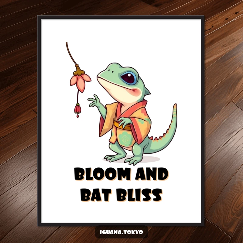 Funny Iguana Digital Art: High-resolution artwork of a colorful iguana in a kimono playfully batting at a flower, ready for download.