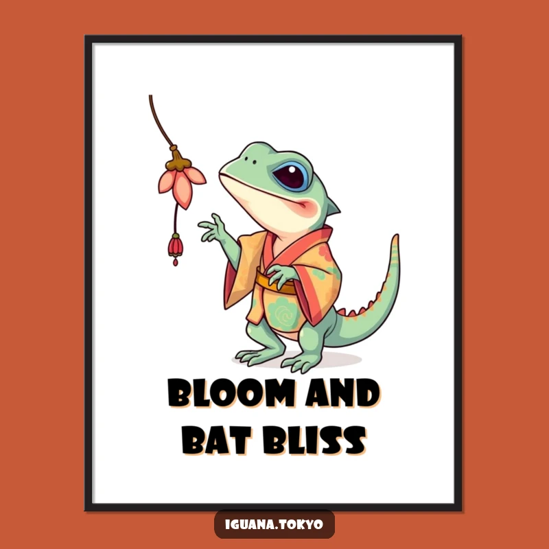 Funny Iguana Flower Batting Digital Art: Playful Instant Decor, Whimsical Funny Gift