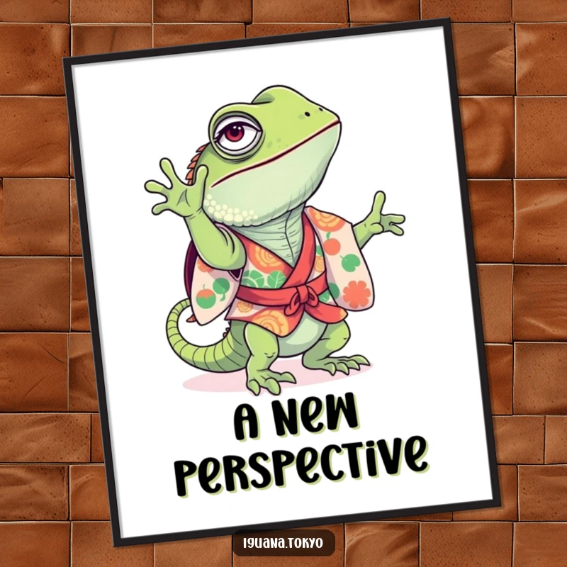 Funny Digital Art Print of a playful iguana in a colorful kimono, comically attempting a handstand, full of energy and humorous action.