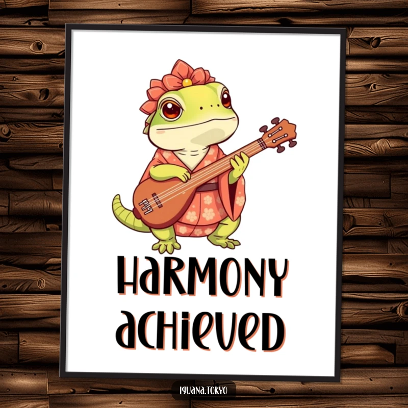 Funny Digital Art Print of a cute iguana in a kimono, enthusiastically playing a shamisen, capturing a lively and humorous musical scene.