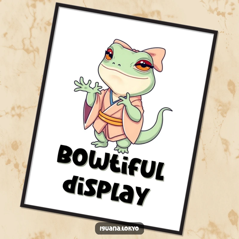 Funny Digital Art Print of a petite iguana in a kimono, performing a dramatic, swooshing bow, capturing theatricality and comedic effect.