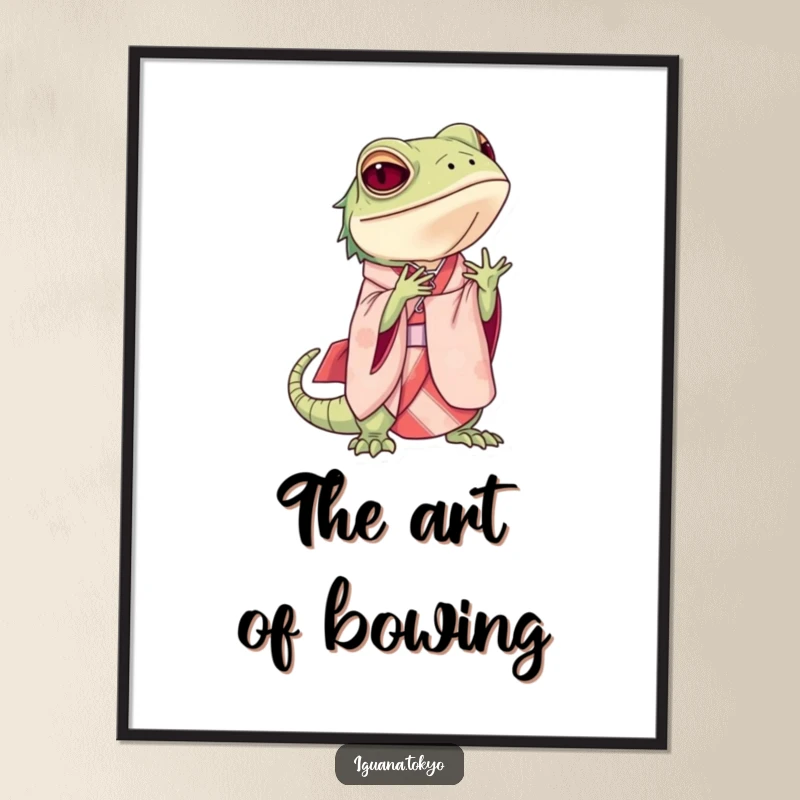 Funny Digital Art Print of an iguana in an elegant kimono, performing a graceful bow, capturing sophisticated humor and artistic style.