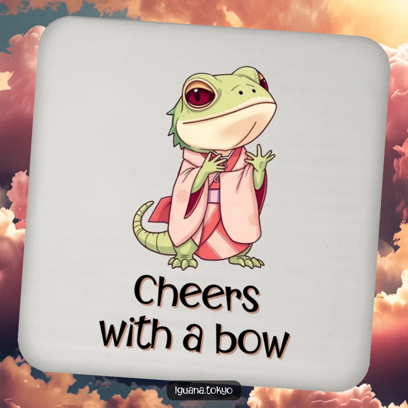 Funny Drink Coaster showing an iguana in an elegant kimono bowing gracefully, adding refined humor and surface protection.