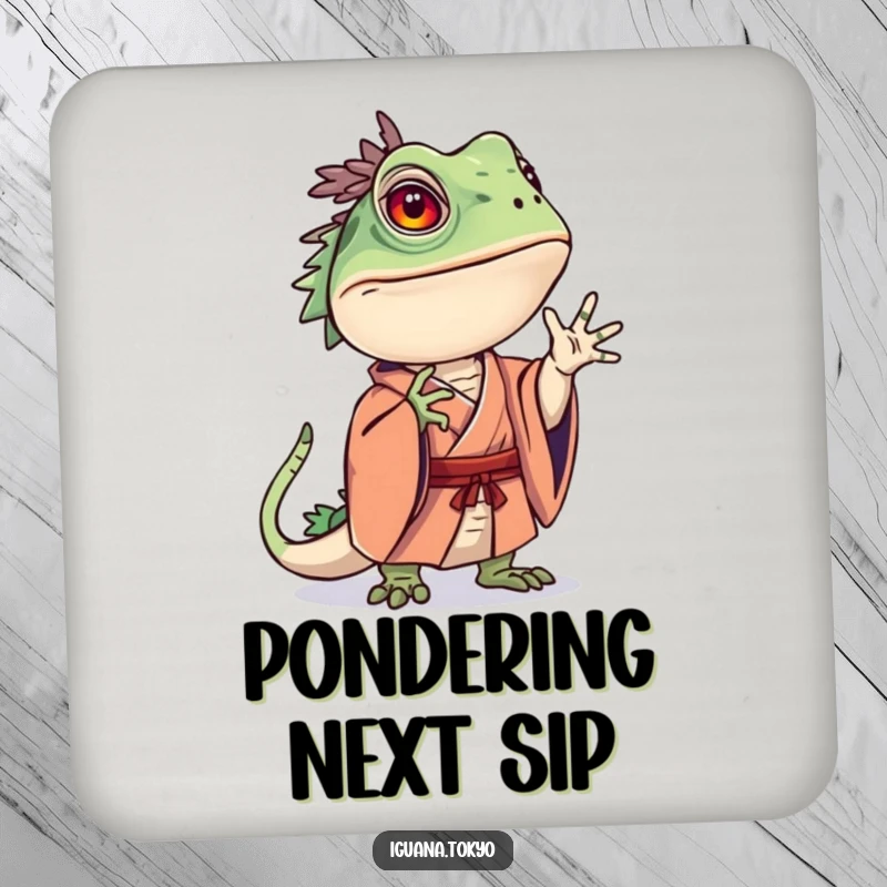 Funny drink coaster featuring an iguana character in a kimono striking a curious pose, protecting surfaces with intrigue.