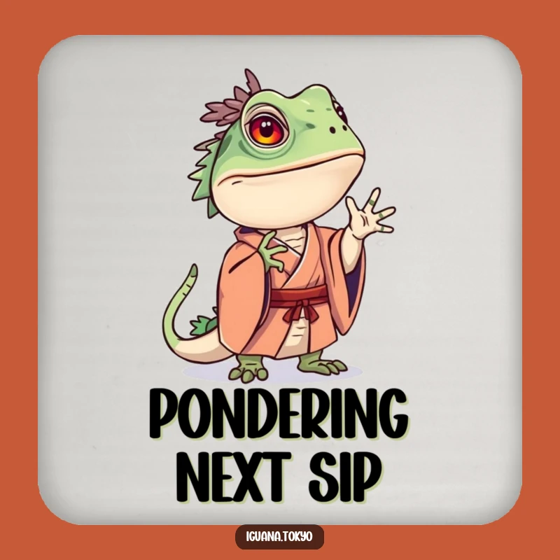 Funny Curious Iguana Kimono Coaster: Pensive Table Protector, Perfect Funny Gift