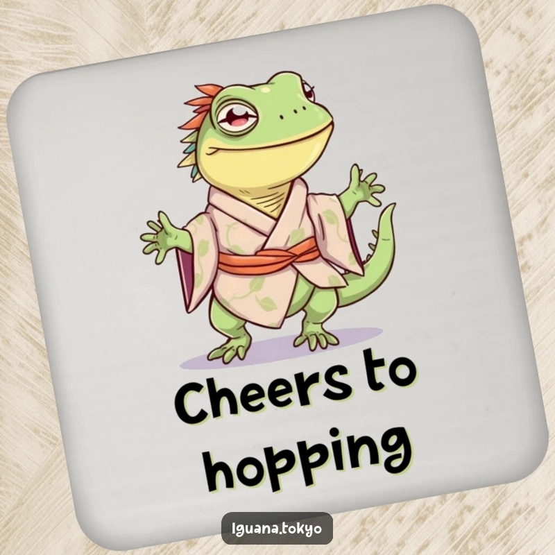 Funny drink coaster featuring an iguana character in a kimono, joyfully doing a happy little hop, great for surfaces.
