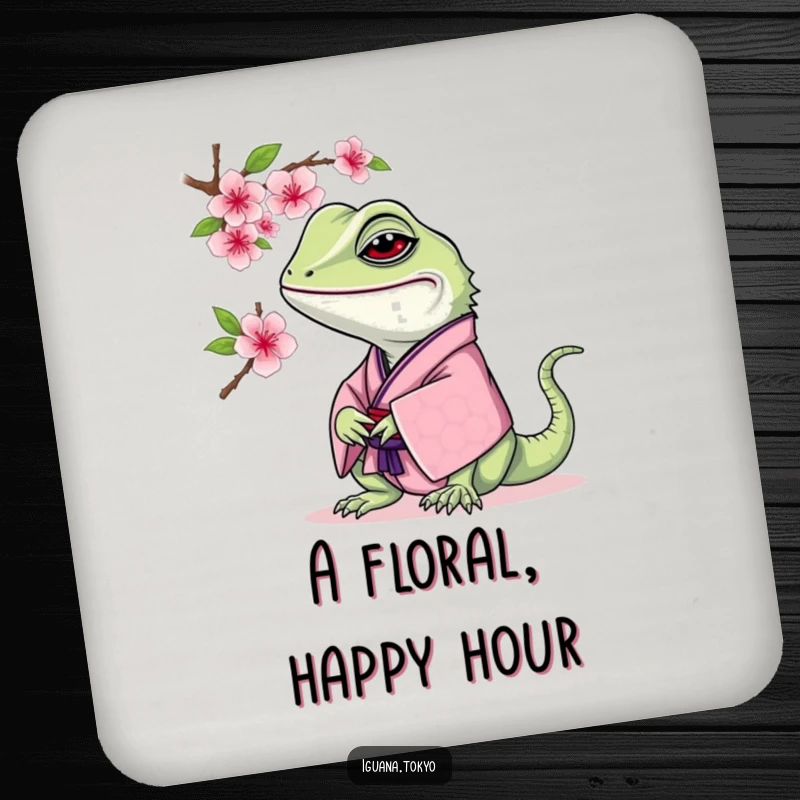 Funny Iguana Coaster: Iguana in a traditional kimono curiously sniffing a cherry blossom, designed to protect surfaces with elegance.