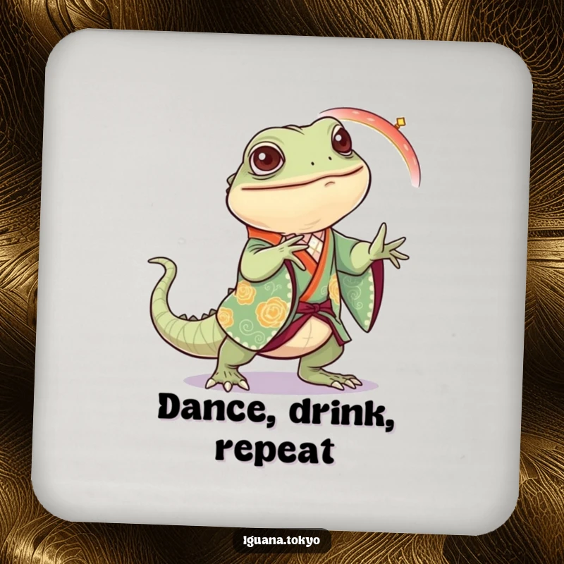 Funny Iguana Coaster: Iguana in a festive kimono dancing with joyful steps, designed to protect surfaces with flair.