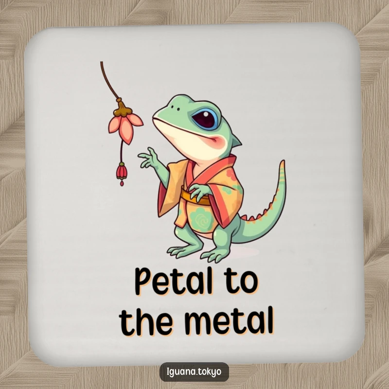 Funny Iguana Coaster: Colorful iguana in a kimono playfully batting at a flower, designed to protect surfaces with style.