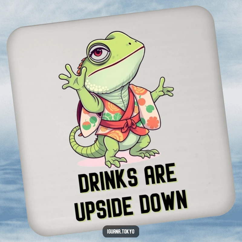 Funny Drink Coaster showing a playful iguana in a colorful kimono, attempting a handstand, adding energetic humor and surface protection.