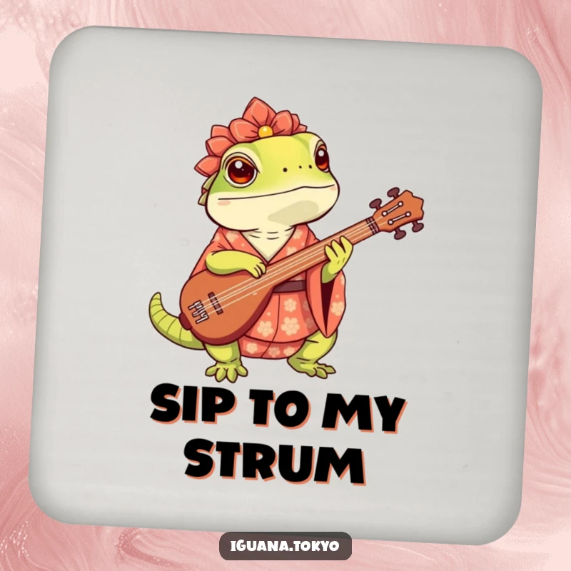 Funny Drink Coaster showing a cute iguana in a kimono, playing a shamisen, adding musical flair and surface protection.