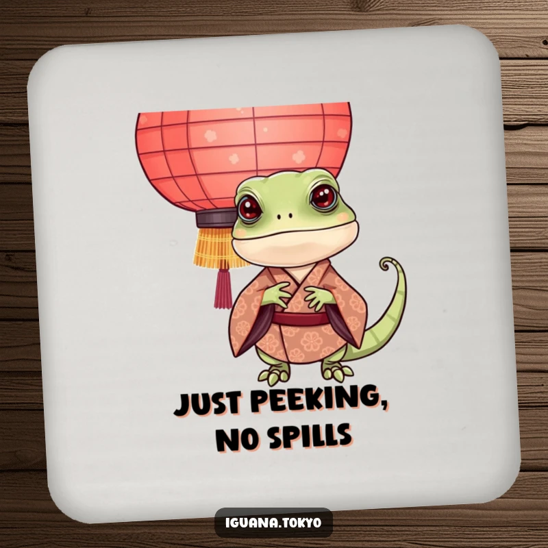 Funny Iguana Coaster: Decorative coaster featuring an iguana in a kimono playfully peeking from behind a paper lantern, protecting surfaces.