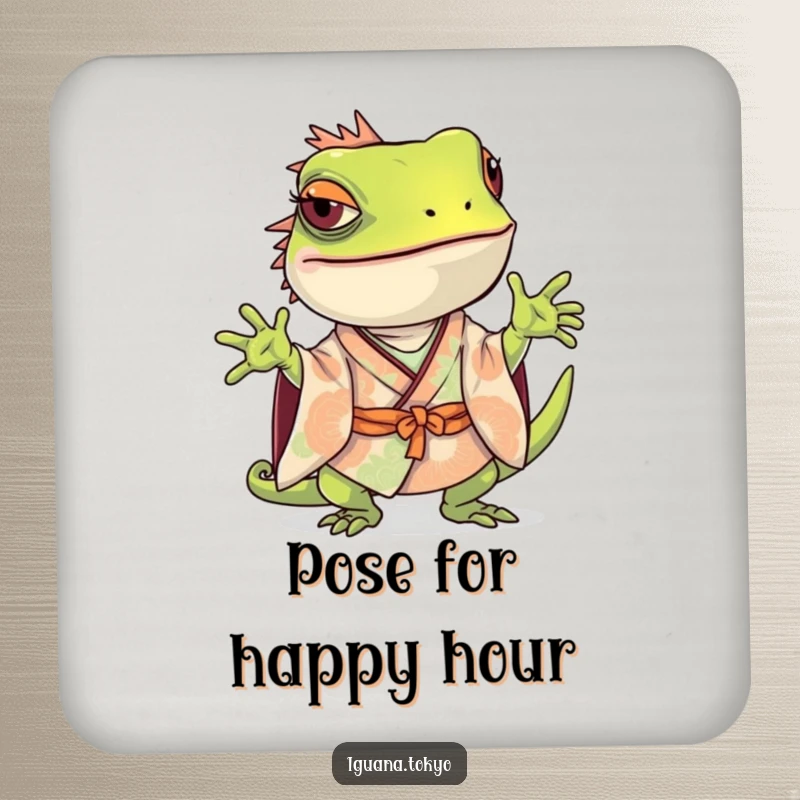 Funny Iguana Coaster: Iguana in a kimono striking a playful, curious pose, designed to protect surfaces with style.