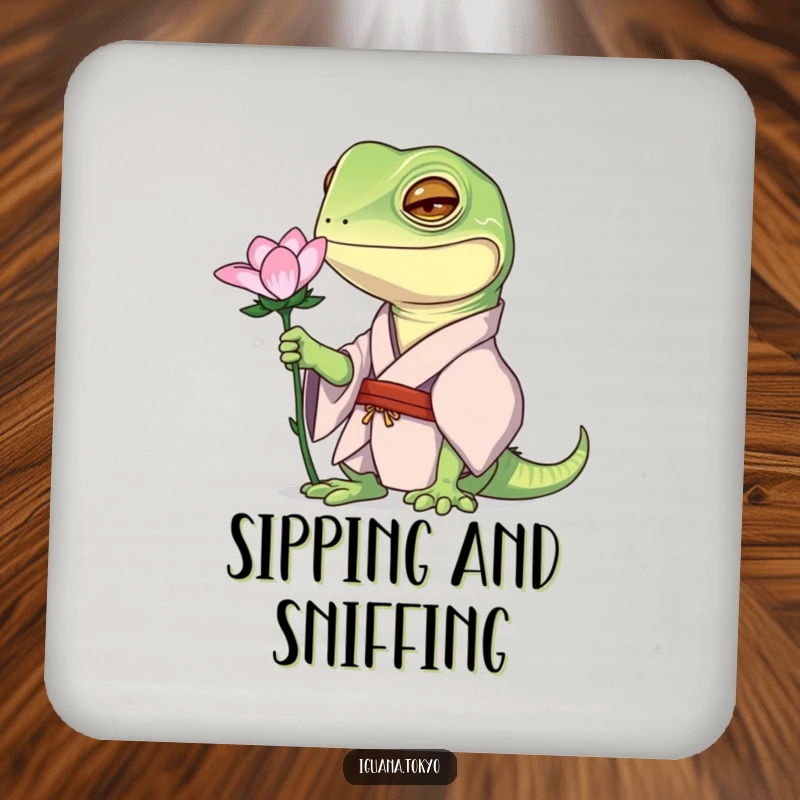 Funny drink coaster featuring an iguana character in a kimono, curiously examining a flower, protecting surfaces.