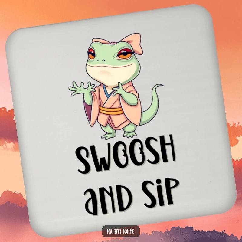 Funny Drink Coaster showing a petite iguana in a kimono, performing a dramatic, swooshing bow, adding theatrical humor and surface protection.