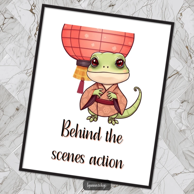 Funny Iguana Poster: Artistic iguana in a detailed kimono peeking playfully from behind a softly lit paper lantern, adding whimsy.