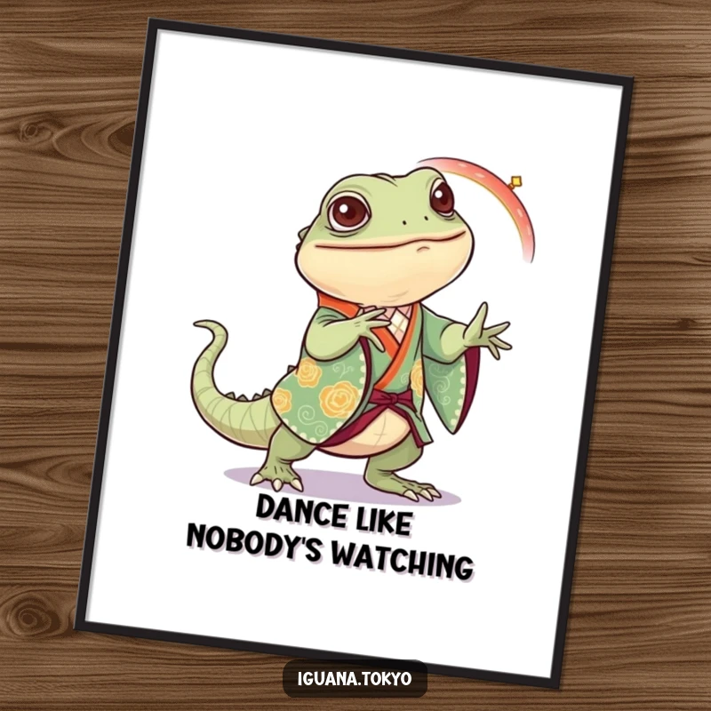Funny Iguana Poster: Festive artwork of an iguana in a kimono joyfully practicing a lively dance step, radiating happiness.