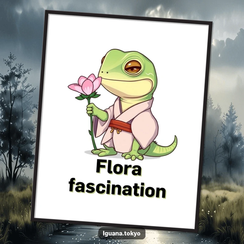Funny poster featuring an iguana character in a kimono, curiously observing a delicate flower with detailed focus.