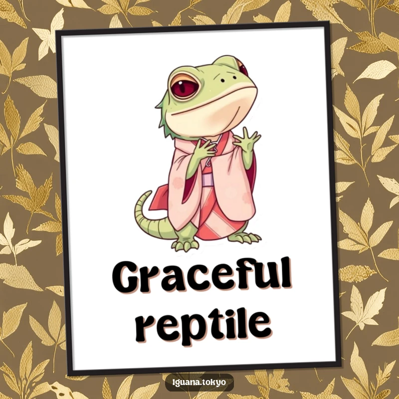 Funny Poster depicting an iguana in an elegant kimono, executing a flawless, graceful bow, conveying respect and subtle humor.