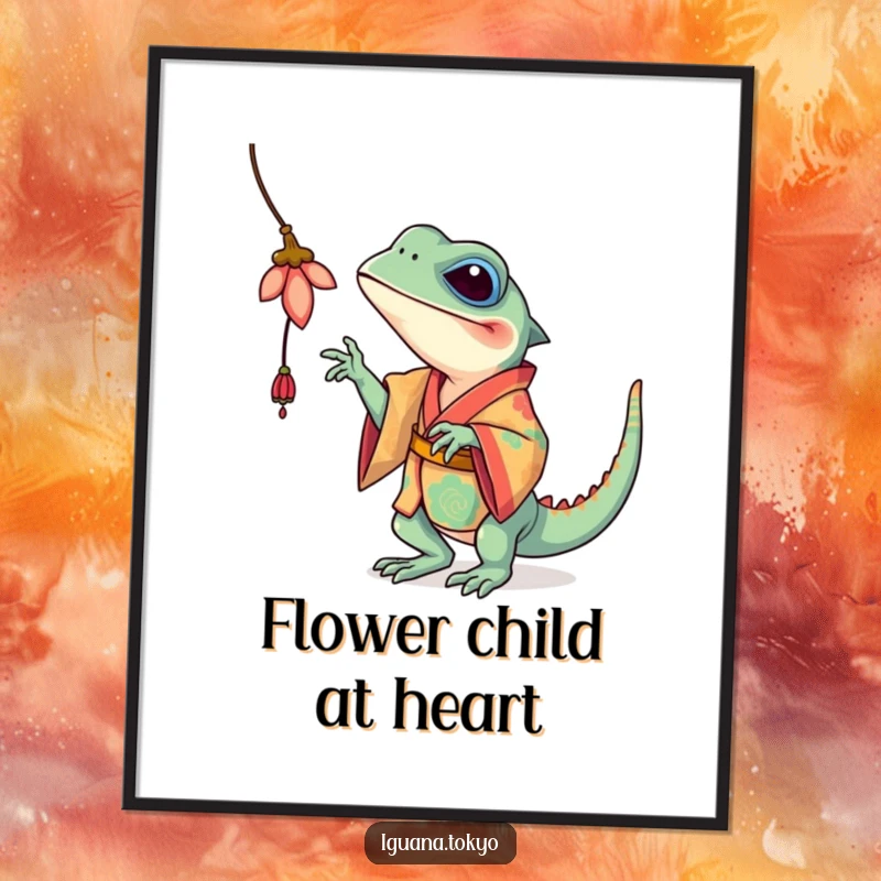 Funny Iguana Poster: Vibrant iguana in a kimono playfully batting at a dangling flower, capturing a moment of pure reptilian joy.