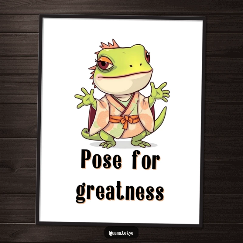 Funny Iguana Poster: Playful artwork of an iguana in a kimono striking a curious and engaging pose, full of character.