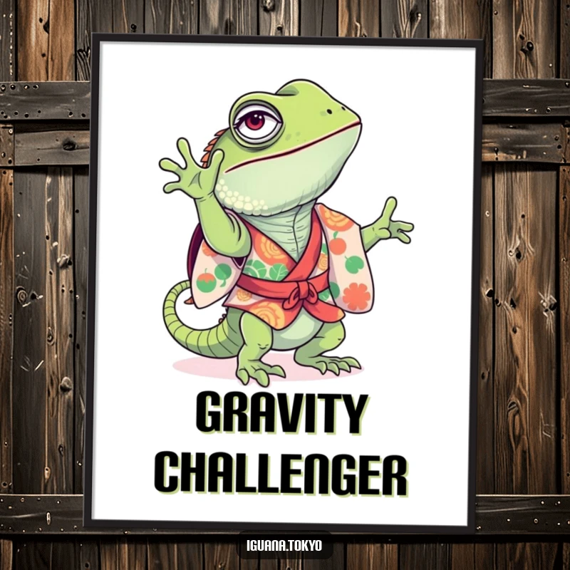 Funny Poster depicting a playful iguana in a colorful kimono, hilariously attempting a handstand, full of energy and humor.