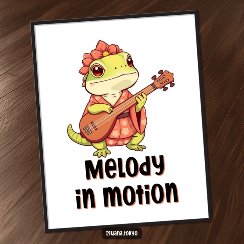 Funny Poster depicting a cute iguana in a traditional kimono, passionately playing a shamisen, capturing a lively musical moment.