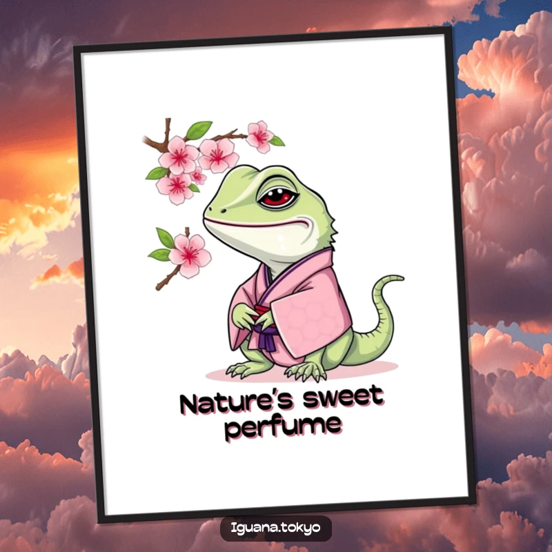 Funny Iguana Poster: Serene artwork of an iguana in a traditional kimono curiously sniffing a delicate cherry blossom.
