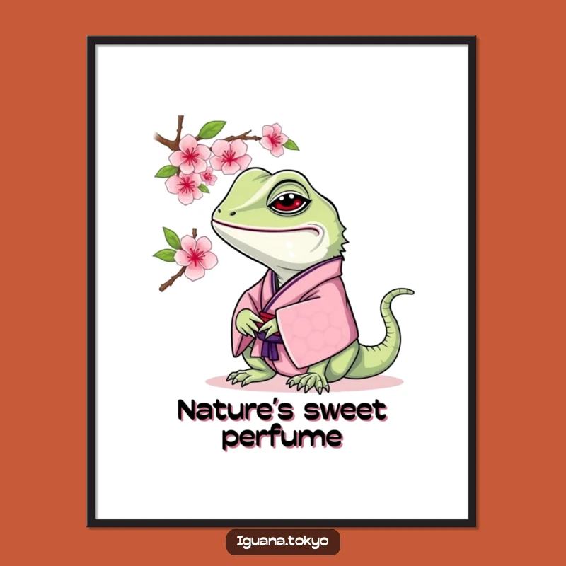 Funny Iguana Cherry Blossom Poster: Serene Art, Thoughtful Funny Gift