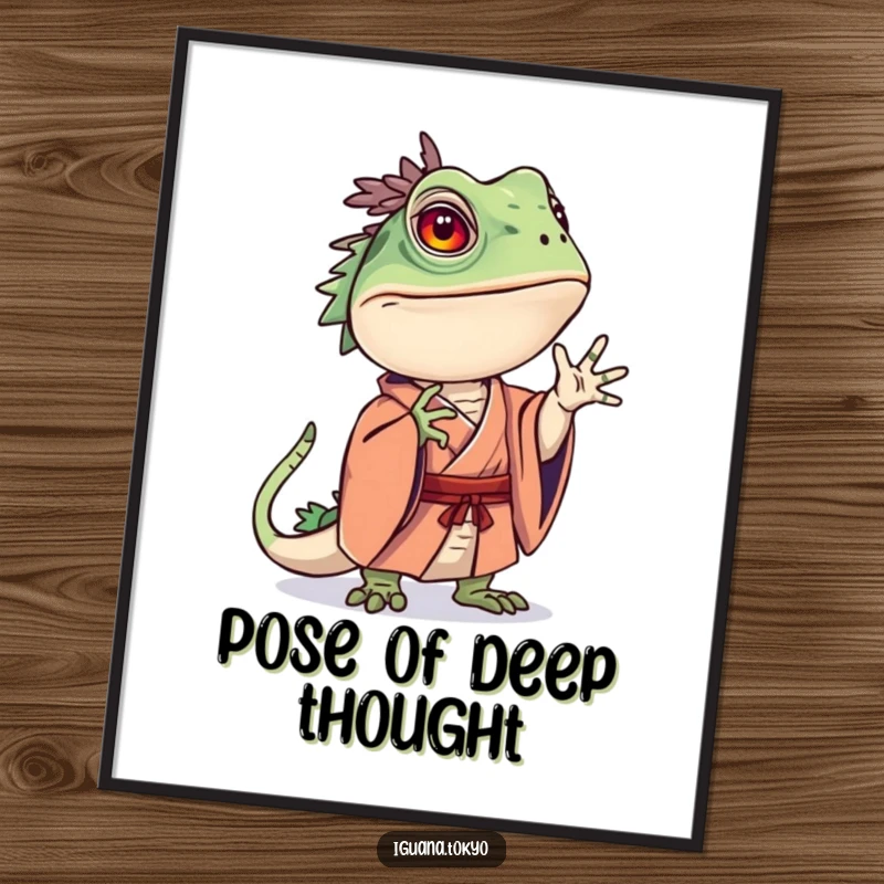Funny poster featuring an iguana character in a kimono striking a curious, thought-provoking pose, adding artistic depth.