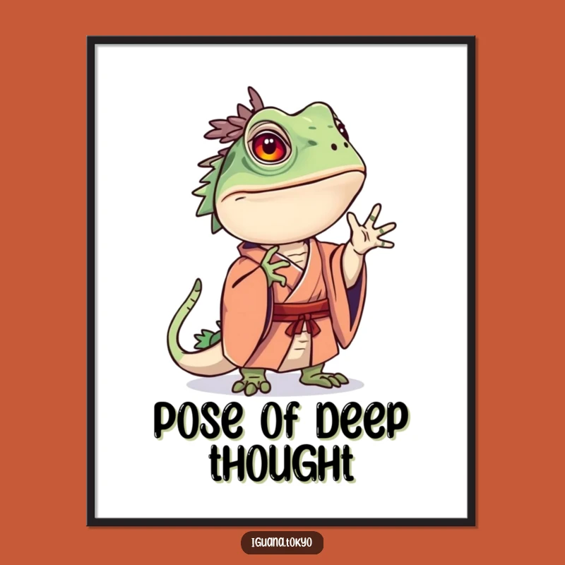 Funny Curious Iguana Kimono Poster: Pensive Art Print, Quirky Funny Gift