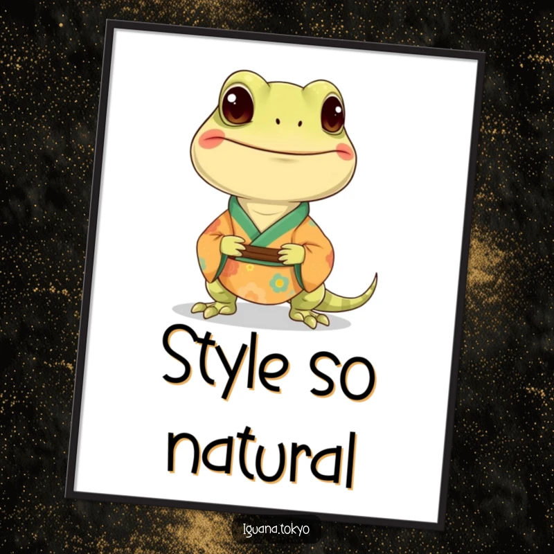 Funny poster featuring a happy, smiling iguana character dressed in a vibrant kimono, adding a touch of whimsy.