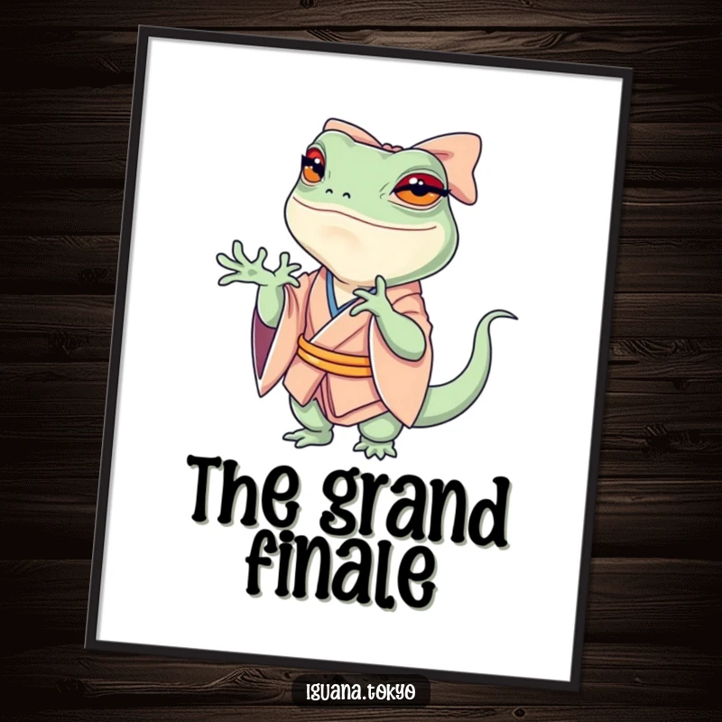 Funny Poster depicting a petite iguana in a kimono, executing a dramatic, swooshing bow with exaggerated theatricality and comedic effect.