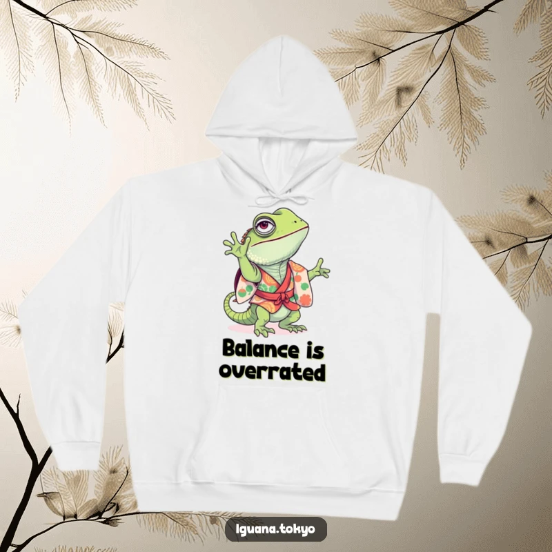 Funny Hoodie with a playful iguana in a colorful kimono, comically attempting a handstand, showcasing fun and warmth.