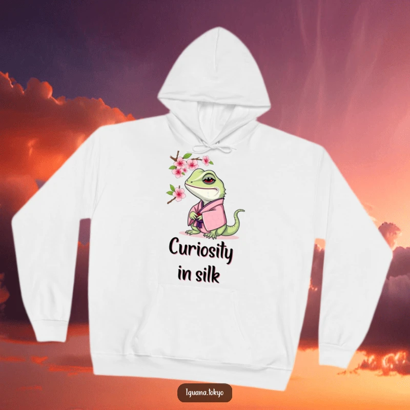 Funny Iguana Hoodie: Cozy hoodie featuring an iguana in a traditional kimono curiously sniffing a beautiful cherry blossom.