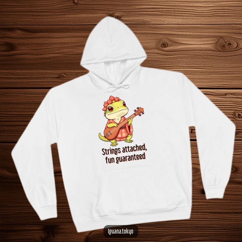 Funny Hoodie with a cute iguana in a kimono, enthusiastically playing a shamisen, radiating musical joy and comfort.