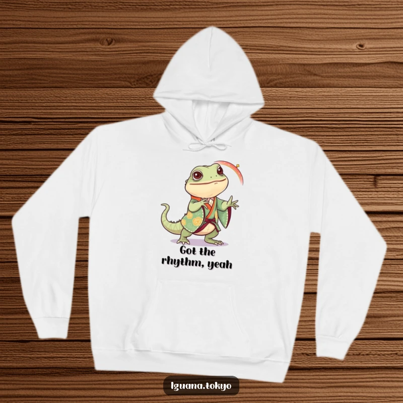 Funny Iguana Hoodie: Cozy hoodie featuring an iguana in a festive kimono joyfully practicing a dance step, perfect for movement.