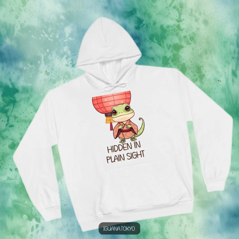 Funny Iguana Hoodie: Adorable iguana in a patterned kimono peeking playfully from behind a glowing paper lantern for a cozy feel.