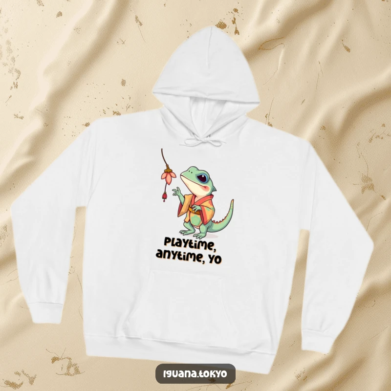 Funny Iguana Hoodie: Comfortable hoodie featuring an iguana in a brightly colored kimono playfully batting at a beautiful dangling flower.