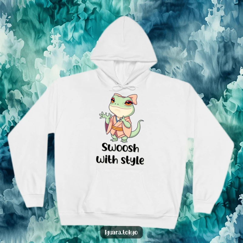Funny Hoodie with a petite iguana in a kimono, performing a dramatic, swooshing bow, exuding theatrical charm and cozy warmth.
