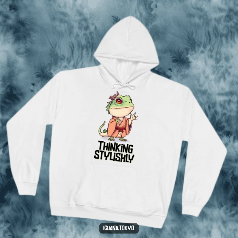 Funny hoodie depicting an iguana character in a kimono holding an interesting, curious pose, perfect for cozy contemplation.