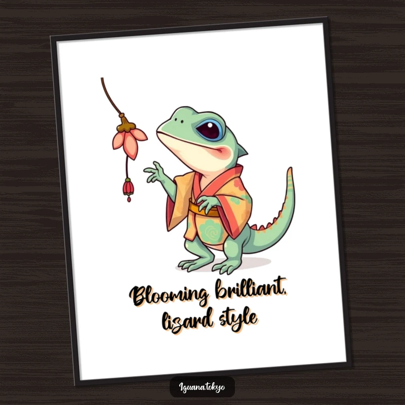 Funny Free Printable Iguana Wall Art: Iguana in kimono playfully batting at a dangling flower.