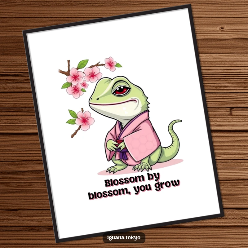 Funny Free Printable Iguana Wall Art: Iguana in kimono curiously sniffing a cherry blossom.